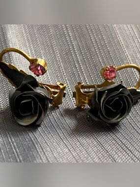 Vintage Black Rose Clip-On Earrings